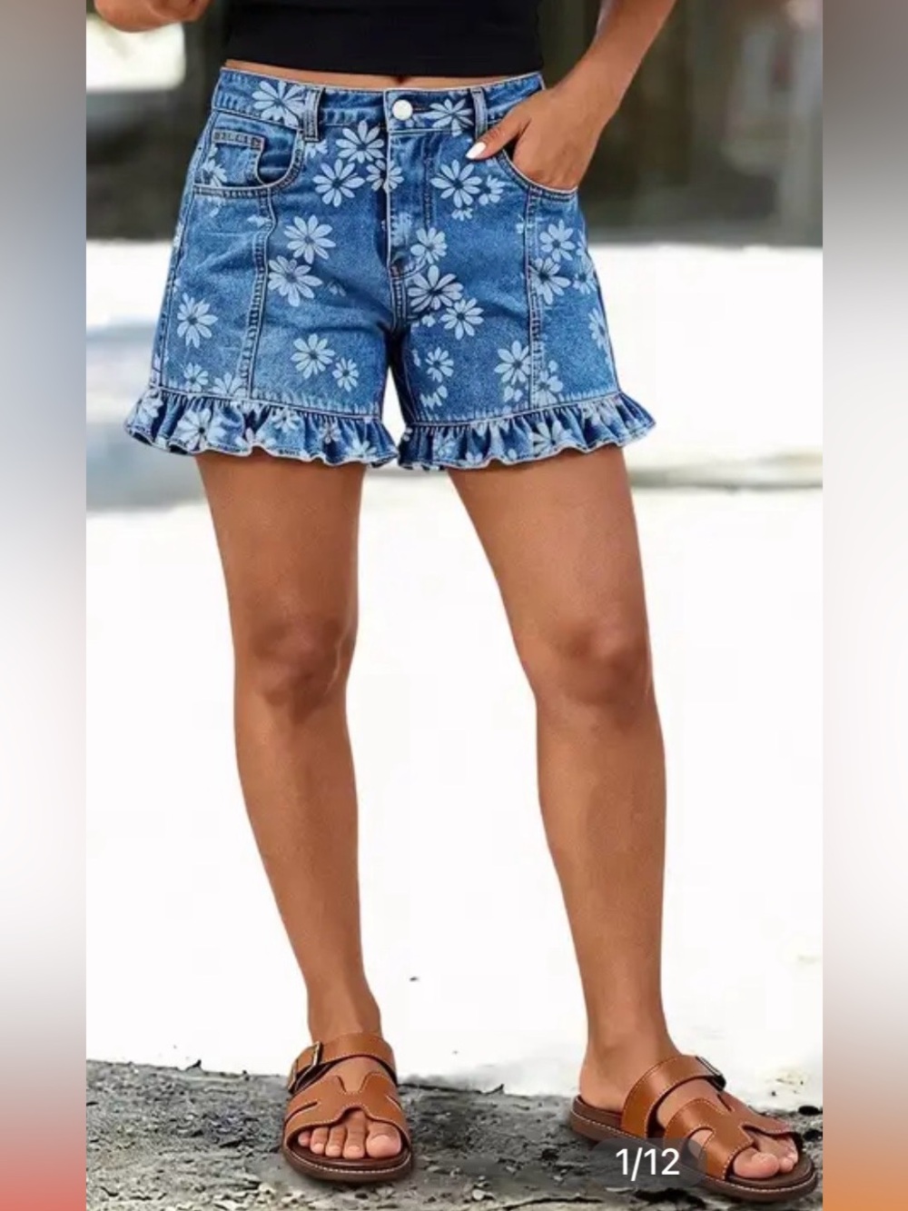 Flamingals Floral Print Stitch Front Ruffle Hem mid Rise Denim Shorts